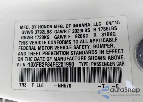 2015 Honda Civic Ex from USA, damaged, VIN 19XFB2F84FE251990